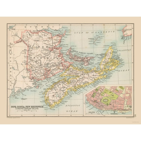 Historic Map - Nova Scotia New Brunswick Canada - Bartholomew 1892 - 30.07 x 23 - Vintage Wall Art
