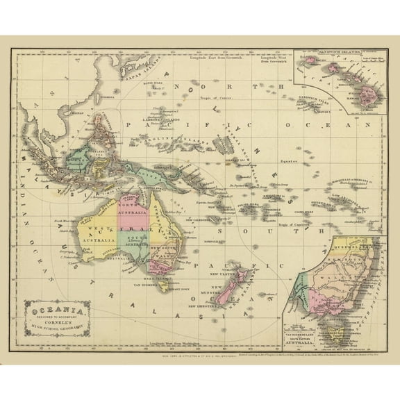 Historic Map - Oceania - Cornell 1856 - Vintage Wall Art