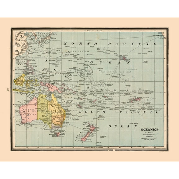 Historic Map - Oceania - Cram 1888 - 28.60 x 23 - Vintage Wall Art