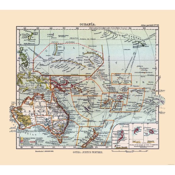 Historic Map - Oceania - Perthes 1921 - Vintage Wall Art