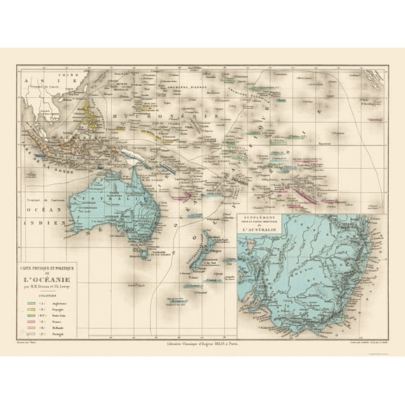 Historic Map - Oceania Physical Political - Drioux 1882 - 30.15 x 23 - Vintage Wall Art