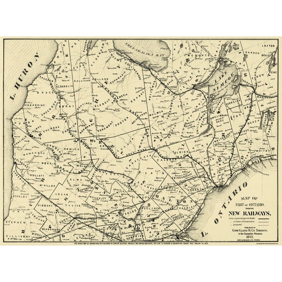 Historic Map - Ontario Canada Railroad - Copp 1872 - 31 x 23 - Vintage Wall Art