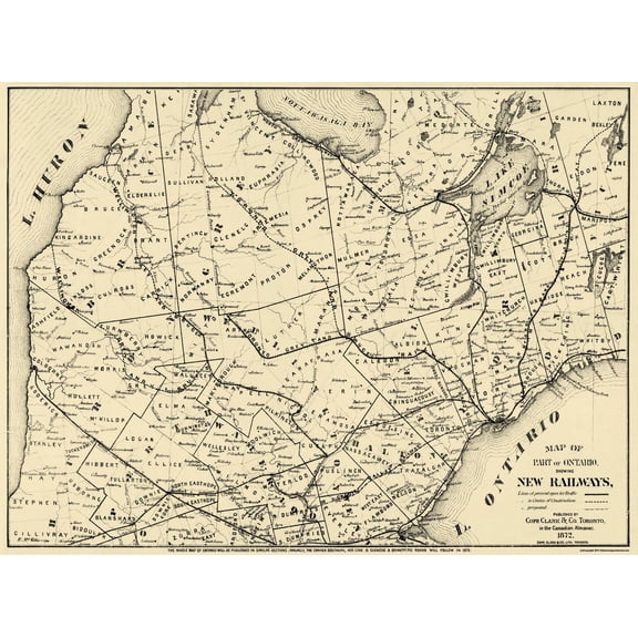 Historic Map - Ontario Canada Railroad - Copp 1872 - 31 x 23 - Vintage Wall Art