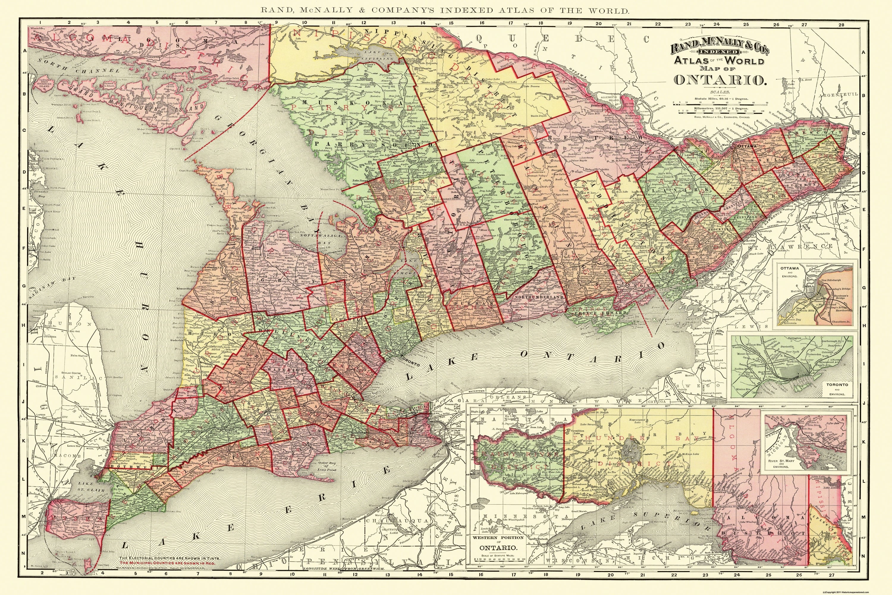 Carte Historique De L'Ontario Canada 1892 Par Rand McNally - Reproduction Vintage - 34.5 X 23