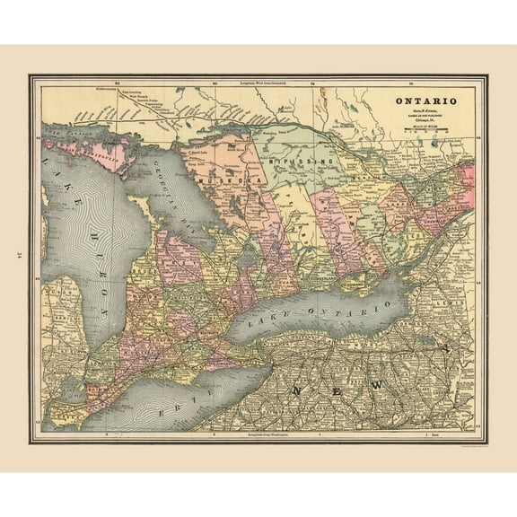 Historic Map - Ontario Province Canada - Cram 1888 - 27.79 x 23 - Vintage Wall Art