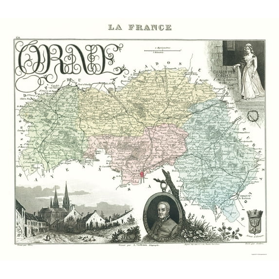 Historic Map - Orne Department France - Migeon 1869 - Vintage Wall Art