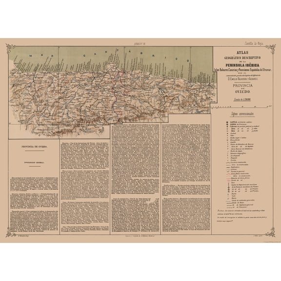Historic Map - Oviedo Spain Portugal - Valverde 1880 - Vintage Wall Art
