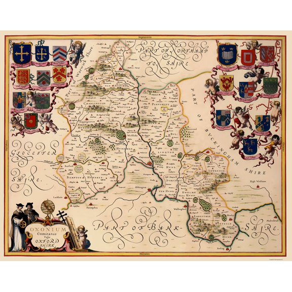 Historic Map - Oxfordshire County England - Jansson 1646 - Vintage Wall Art