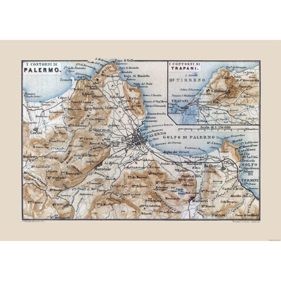 Historic Map - Palermo Trapani Italy - Baedeker 1880 - 32.13 x 23 - Vintage Wall Art