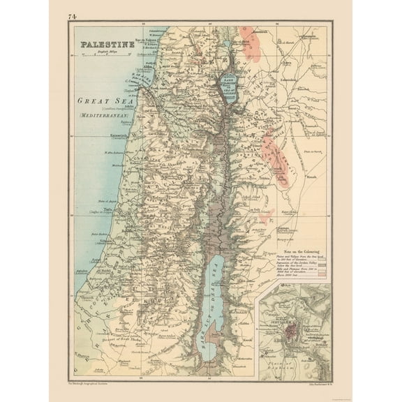 Historic Map - Palestine Israel Elevation- Bartholomew 1892 - 23 x 30.40 - Vintage Wall Art
