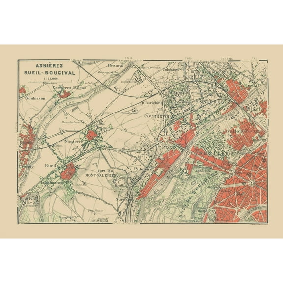 Historic Map - Paris France Asnieres Rueil Bougival -  Baedeker 1911 - 33.52 x 23 - Vintage Wall Art
