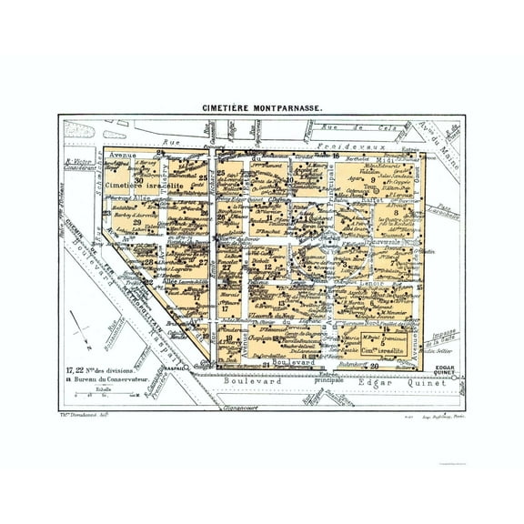 Historic Map - Paris France Montparnasse Cemetery - Blue Guides 1921 - 29.21 x 23 - Vintage Wall Art