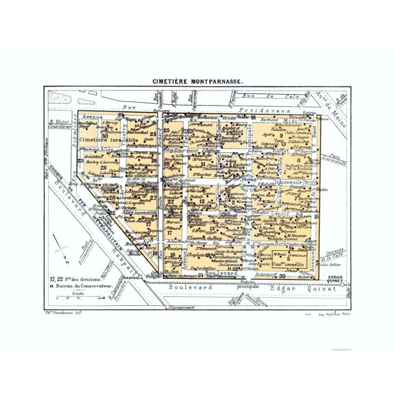 Historic Map - Paris France Montparnasse Cemetery - Blue Guides 1921