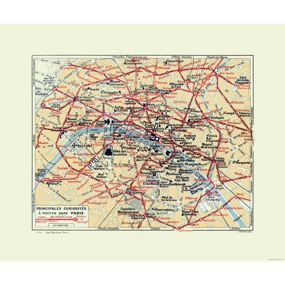 Historic Map - Paris France Tourist Attractions - Hermann 1921 - 27.57 x 23 - Vintage Wall Art