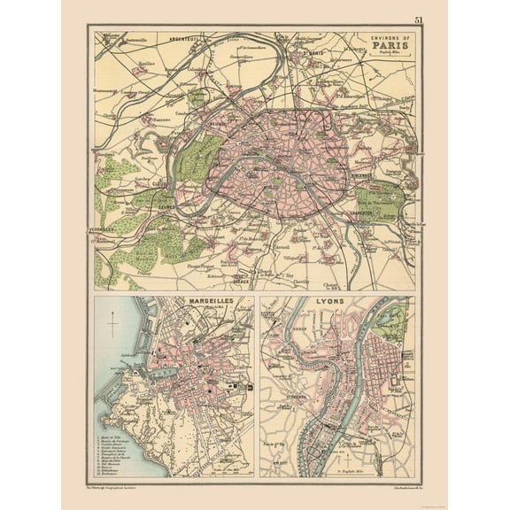 Historic Map - Paris Marseilles Lyons France - Bartholomew 1892 - 23 x 30.30 - Vintage Wall Art