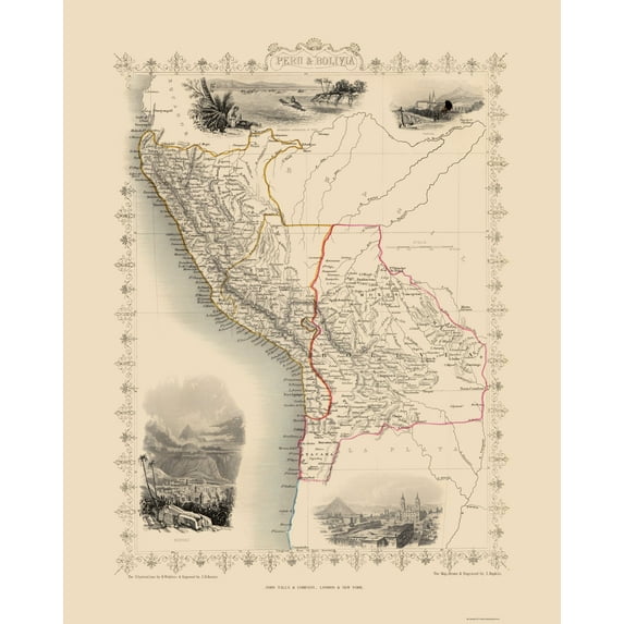 Historic Map - Peru Bolivia - Tallis 1851 - Vintage Wall Art