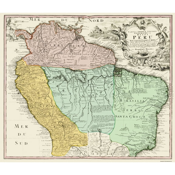 Historic Map - Peru Brazil - Homann 1748 - Vintage Wall Art