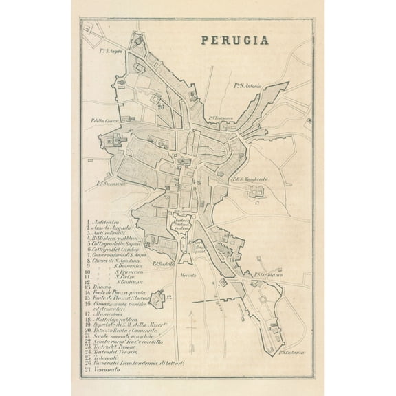 Historic Map - Perugia Italy - Castro 1870 - 23 x 35.95 - Vintage Wall Art