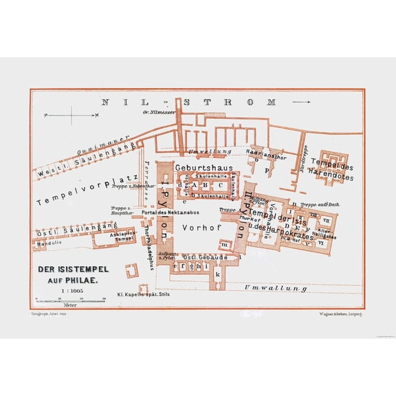 Historic Map - Philae Temple Egypt - Baedeker 1913 - 32.35 x 23 - Vintage Wall Art