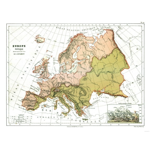 Historic Map - Physical Europe - Cortambert 1880 - 30.17 x 23 - Vintage Wall Art