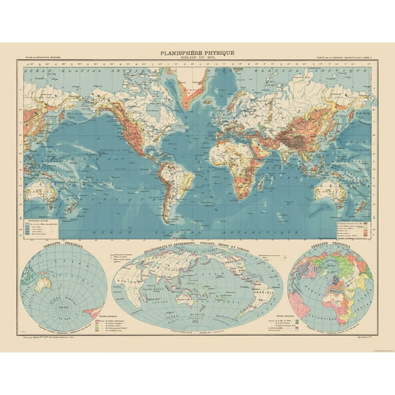Historic Map - Physical Planisphere Terrain Floor - Schrader 1908 - 29.28 x 23 - Vintage Wall Art