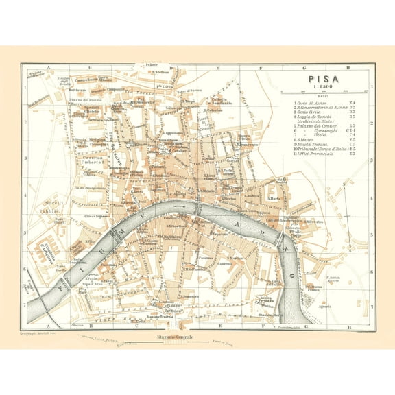 Historic Map - Pisa Italy - Bertarelli 1914 - Vintage Wall Art