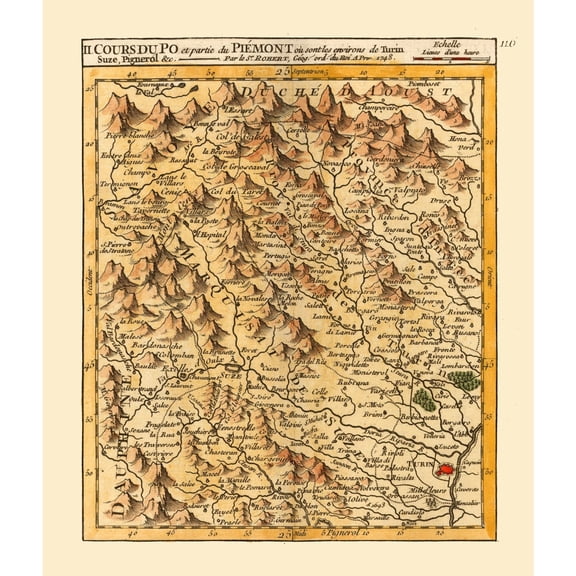 Historic Map - Po River Piedmont Italy - Robert 1748 - 23 x 26.99 - Vintage Wall Art