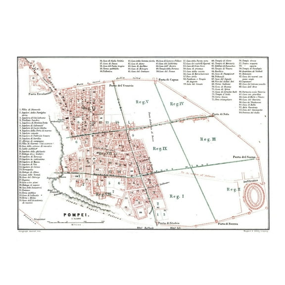 Historic Map - Pompei Italy - Baedeker 1880 - 31.89 x 23 - Vintage Wall Art