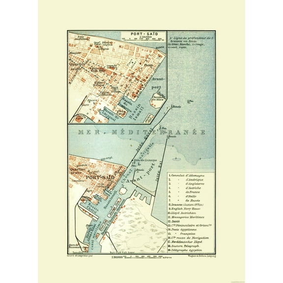 Historic Map - Port Said Egypt - Baedeker 1913 - 23 x 31.42 - Vintage Wall Art