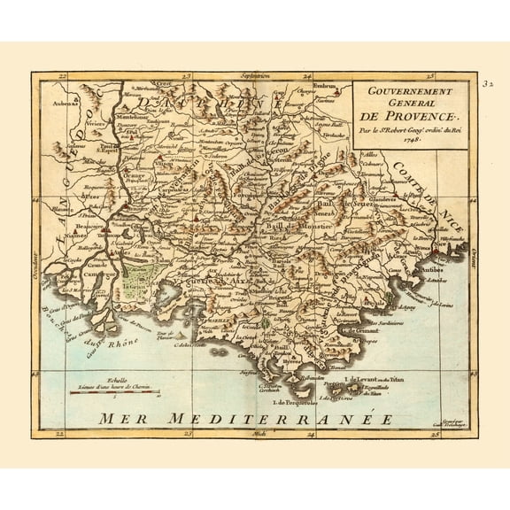 Historic Map - Provence France - Robert 1748 - Vintage Wall Art