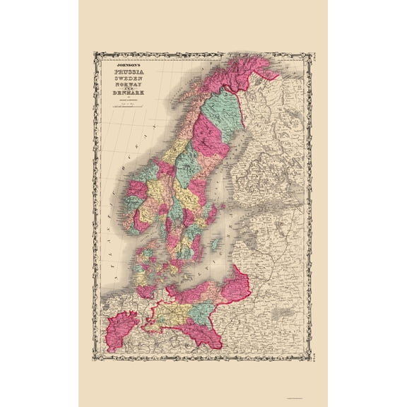 Historic Map - Prussia Sweden Norway Denmark - Johnson 1860 - 23 x 37 - Vintage Wall Art
