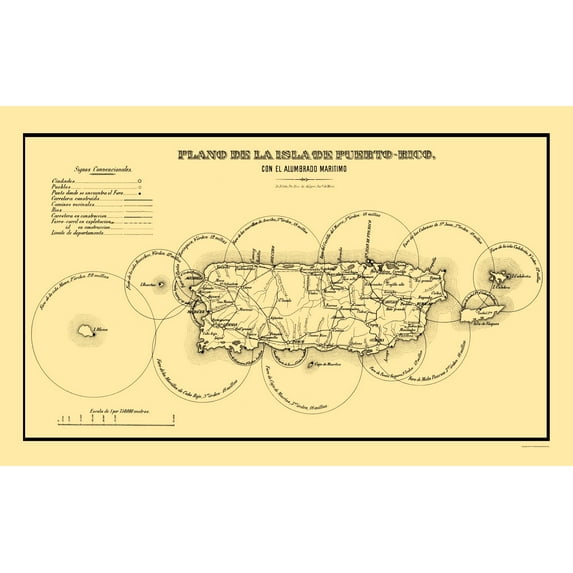 Historic Map - Puerto Rico Lighthouses - 1885 - 23 x 36.58 - Vintage Wall Art