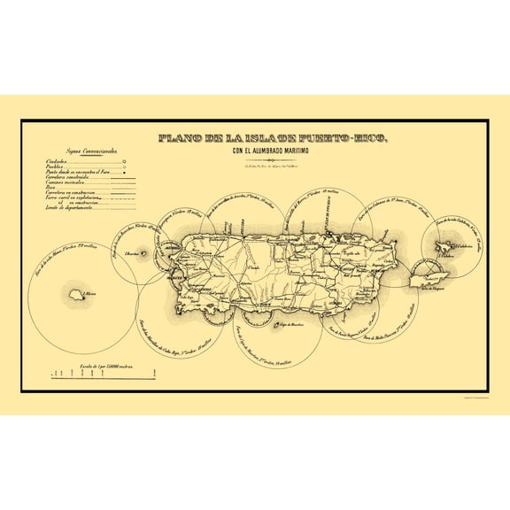 Historic Map - Puerto Rico Lighthouses - 1885 - Vintage Wall Art