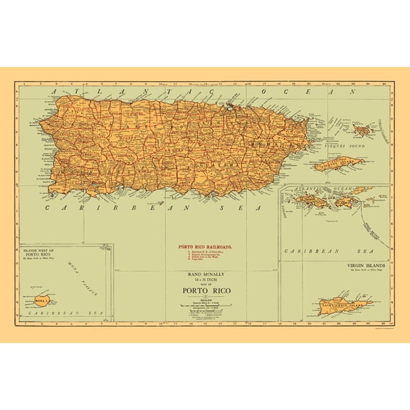 Historic Map - Puerto Rico - Rand McNally 1921 - Vintage Wall Art