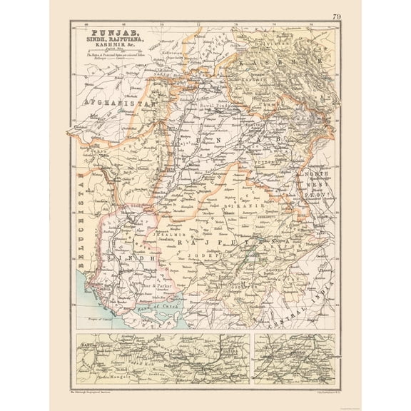 Historic Map - Punjab India Pakistan - Bartholomew 1892 - Vintage Wall Art