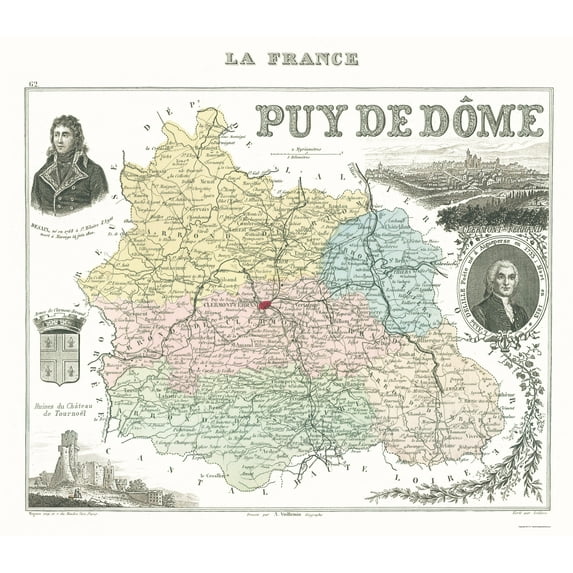 Historic Map - Puy de Dome Department France - Migeon 1869 - Vintage Wall Art