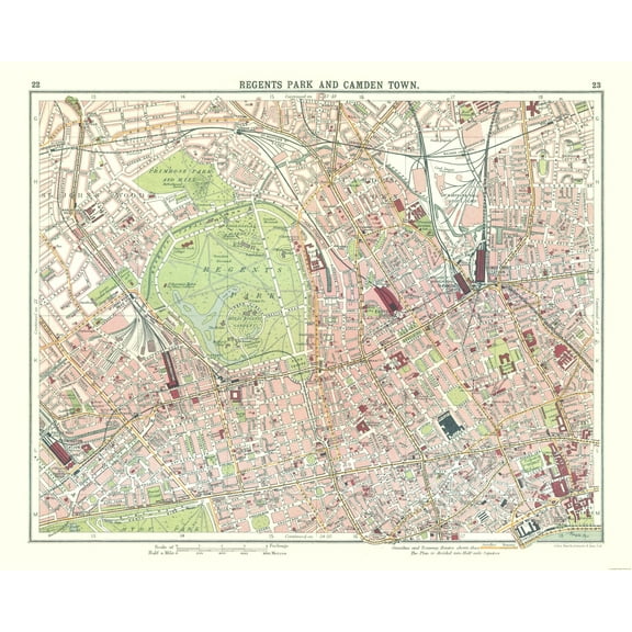 Historic Map - Regents Park Camden Town London - Bartholomew 1921 - 28.49 x 23 - Vintage Wall Art