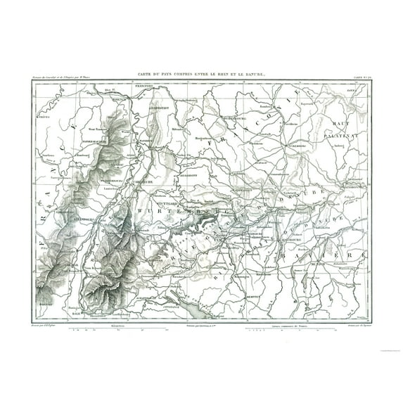 Historic Map - Rhine Danube Rivers Germany France - Thiers 1866 - 30.41 x 23 - Vintage Wall Art