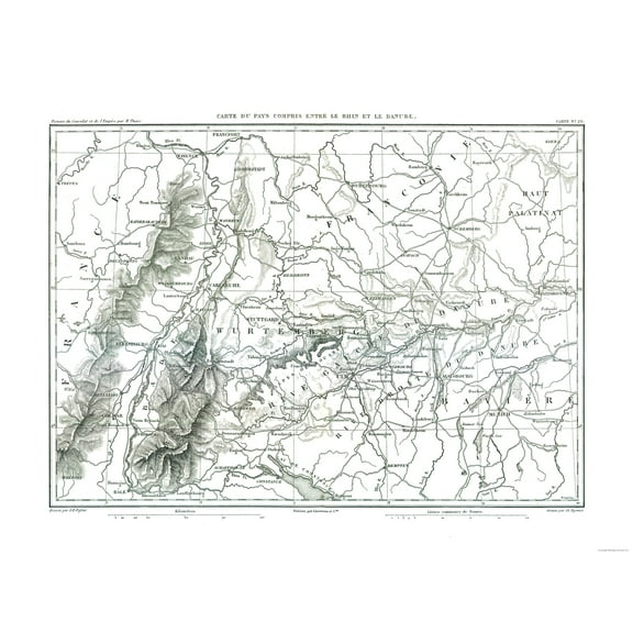 Historic Map - Rhine Danube Rivers Germany France - Thiers 1866 - 30.41 x 23 - Vintage Wall Art