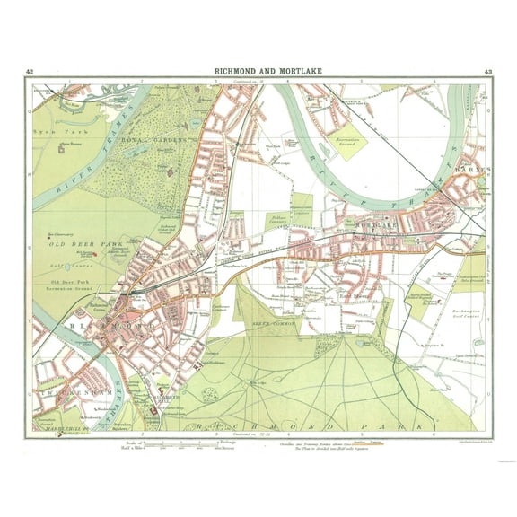 Historic Map - Richmond Mortlake London - Bartholomew 1921 - 28.99 x 23 - Vintage Wall Art