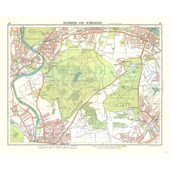 Historic Map - Richmond Wimbledon London - Bartholomew 1921 - 28.70 x 23 - Vintage Wall Art