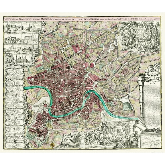 Historic Map - Rome Italy - 1745 - 27 x 23 - Vintage Wall Art