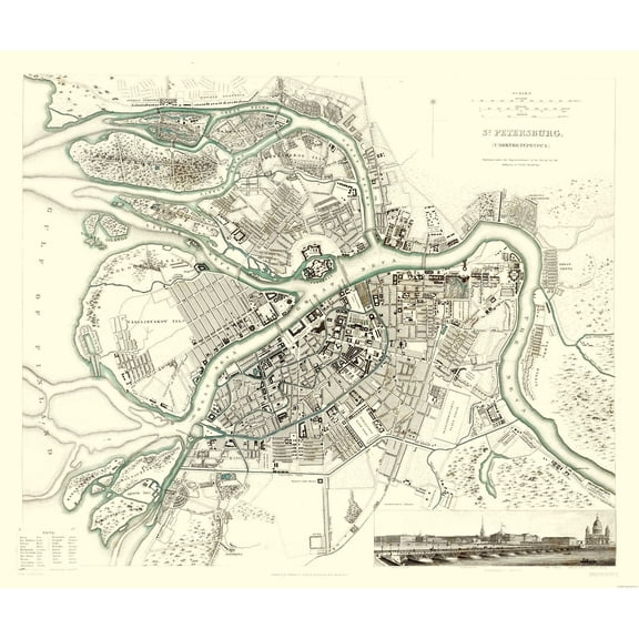 Historic Map - Saint Petersburg Russia - Baldwin 1834 - 27.35 x 23 - Vintage Wall Art