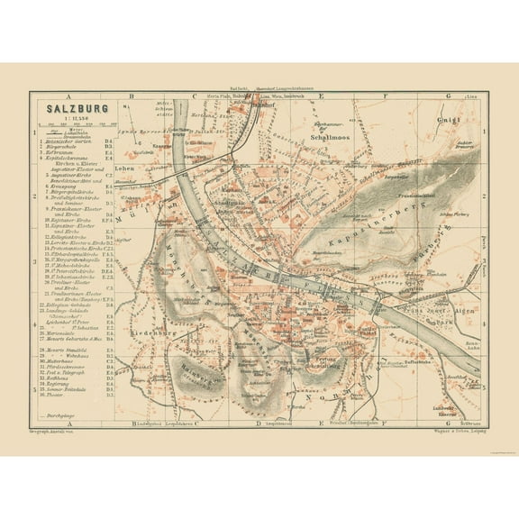 Historic Map - Salzburg Austria - Baedeker 1910 - 30.30 x 23 - Vintage Wall Art