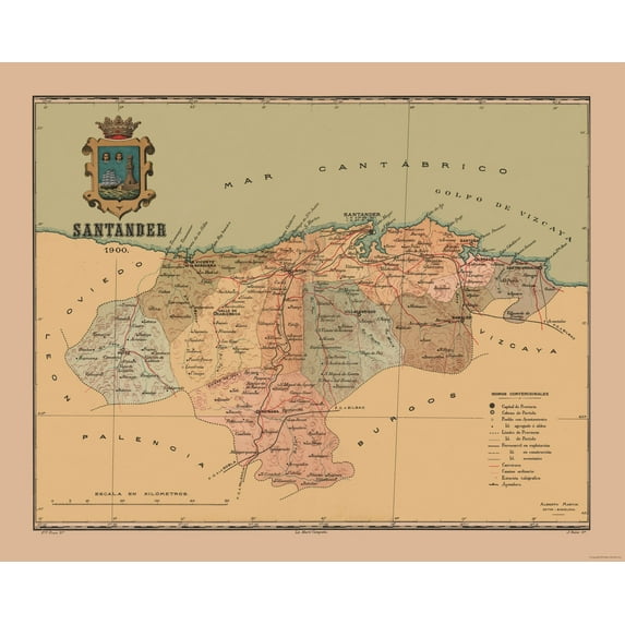 Historic Map - Santander Spain - Martine 1904 - Vintage Wall Art