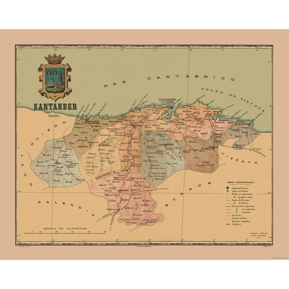 Historic Map - Santander Spain - Martine 1904 - 28.76 x 23 - Vintage Wall Art