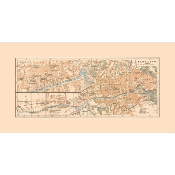 Historic Map - Sarajevo Bosnia Herzegovina - Baedeker 1910 - Vintage Wall Art