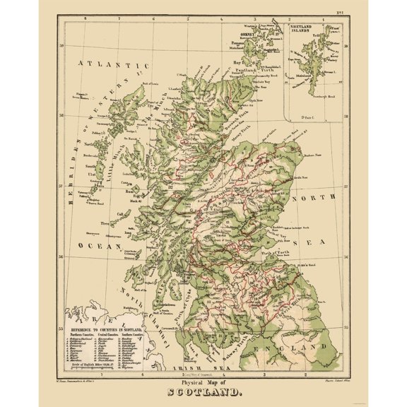 Historic Map - Scotland Physical - Sonnenschein 1880 - Vintage Wall Art