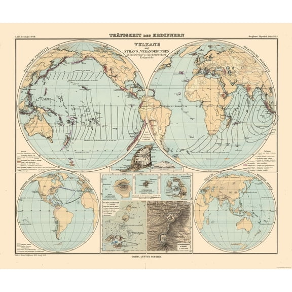 Historic Map - Seismic Activity Volcanos World - Perthes 1838 - 27.29 x 23 - Vintage Wall Art