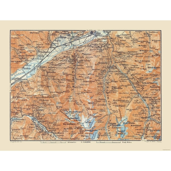 Historic Map - Sion South Switzerland - Baedeker 1921 - 30.17 x 23 - Vintage Wall Art
